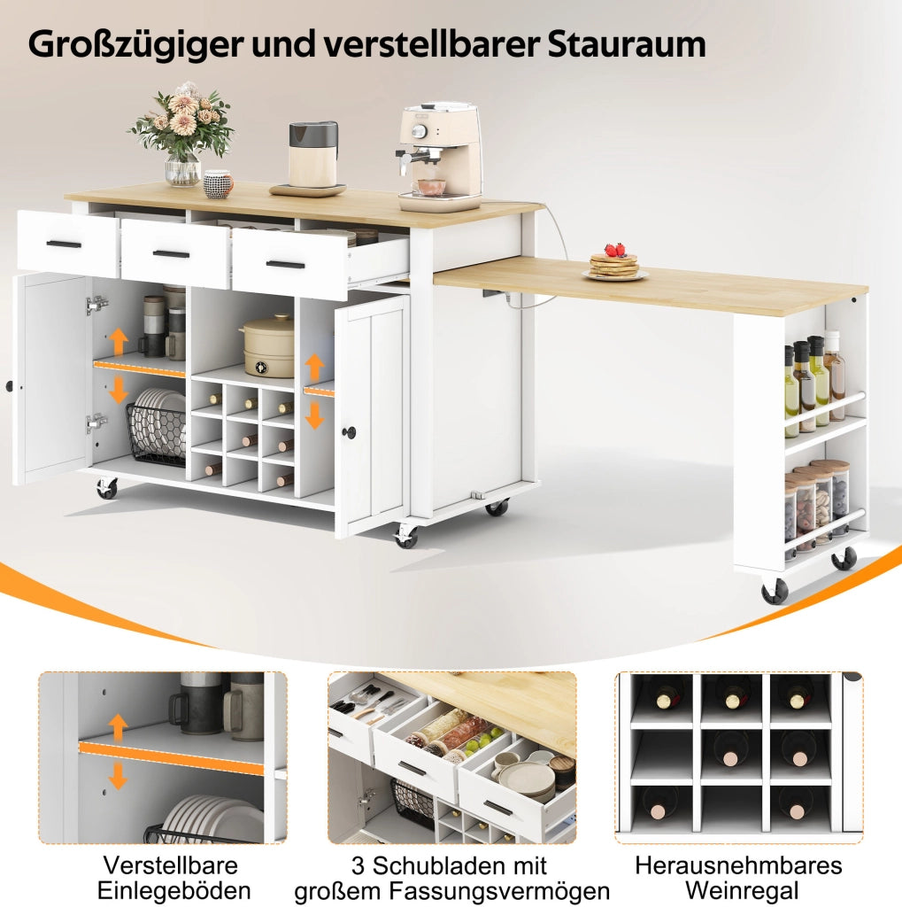 Isola cucina mobile con piano estensibile, prese USB e 7 ruote