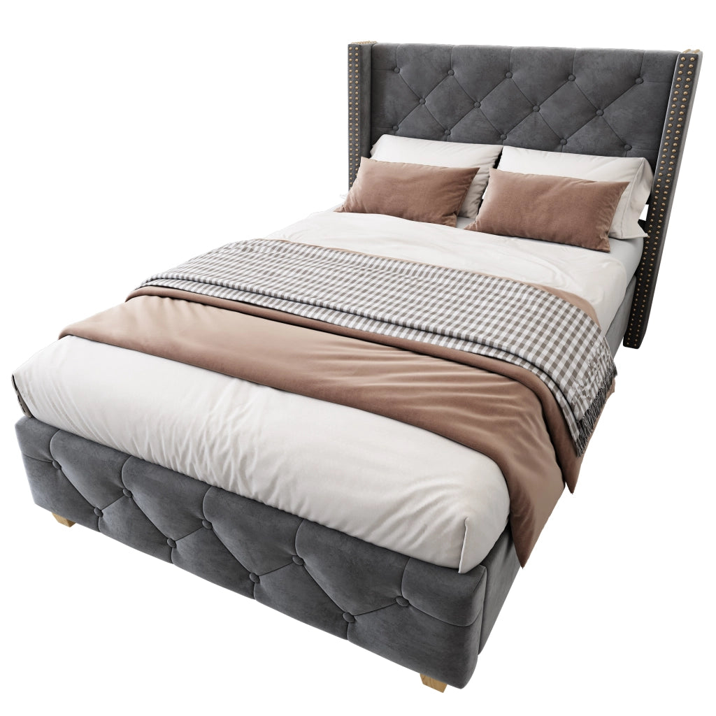 Letto Singolo 90 x 200 cm con Testiera Imbottita; Borchie Decorative e Piedini in Legno; senza Materasso; Grigio