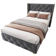 Letto Singolo 90 x 200 cm con Testiera Imbottita; Borchie Decorative e Piedini in Legno; senza Materasso; Grigio