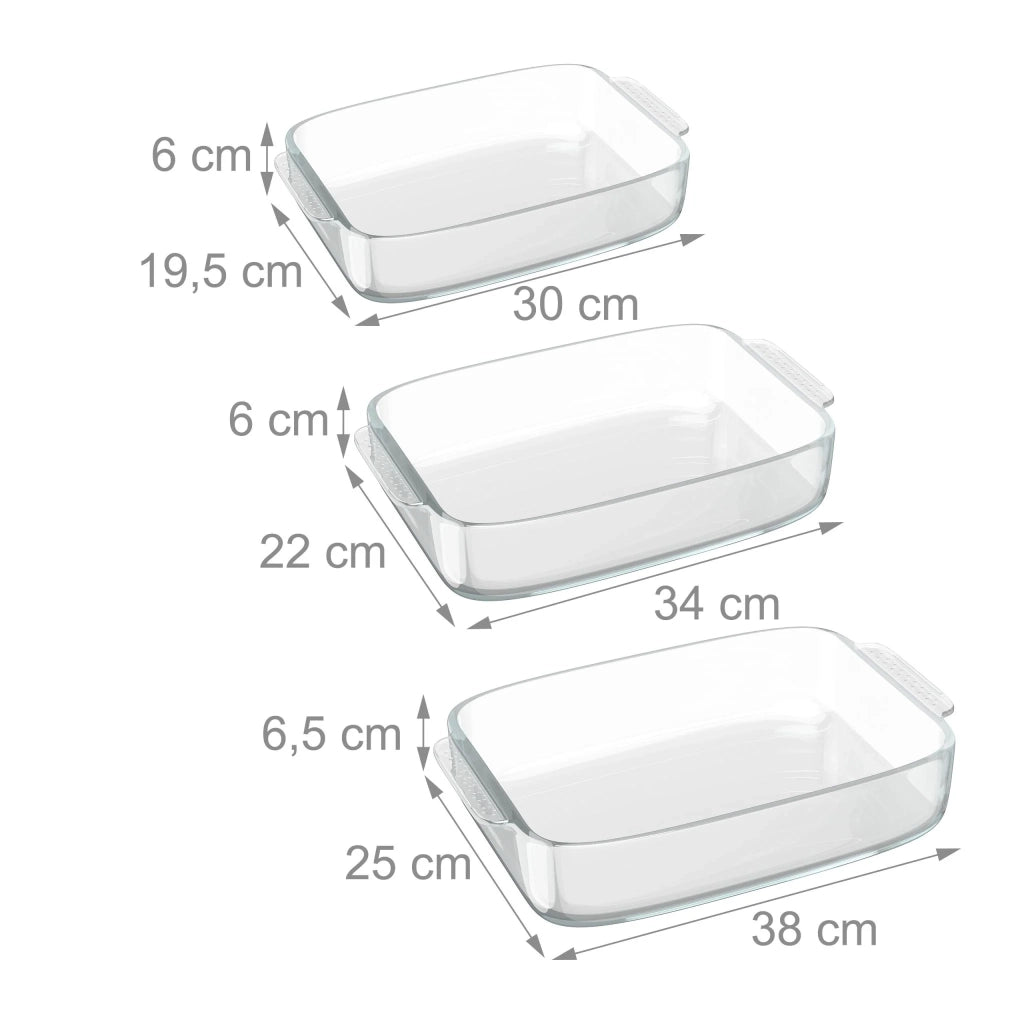 Set di 3 teglie da forno rettangolari pratiche microonde 30 x 20 x 10 cm in vetro trasparente 13_0016191