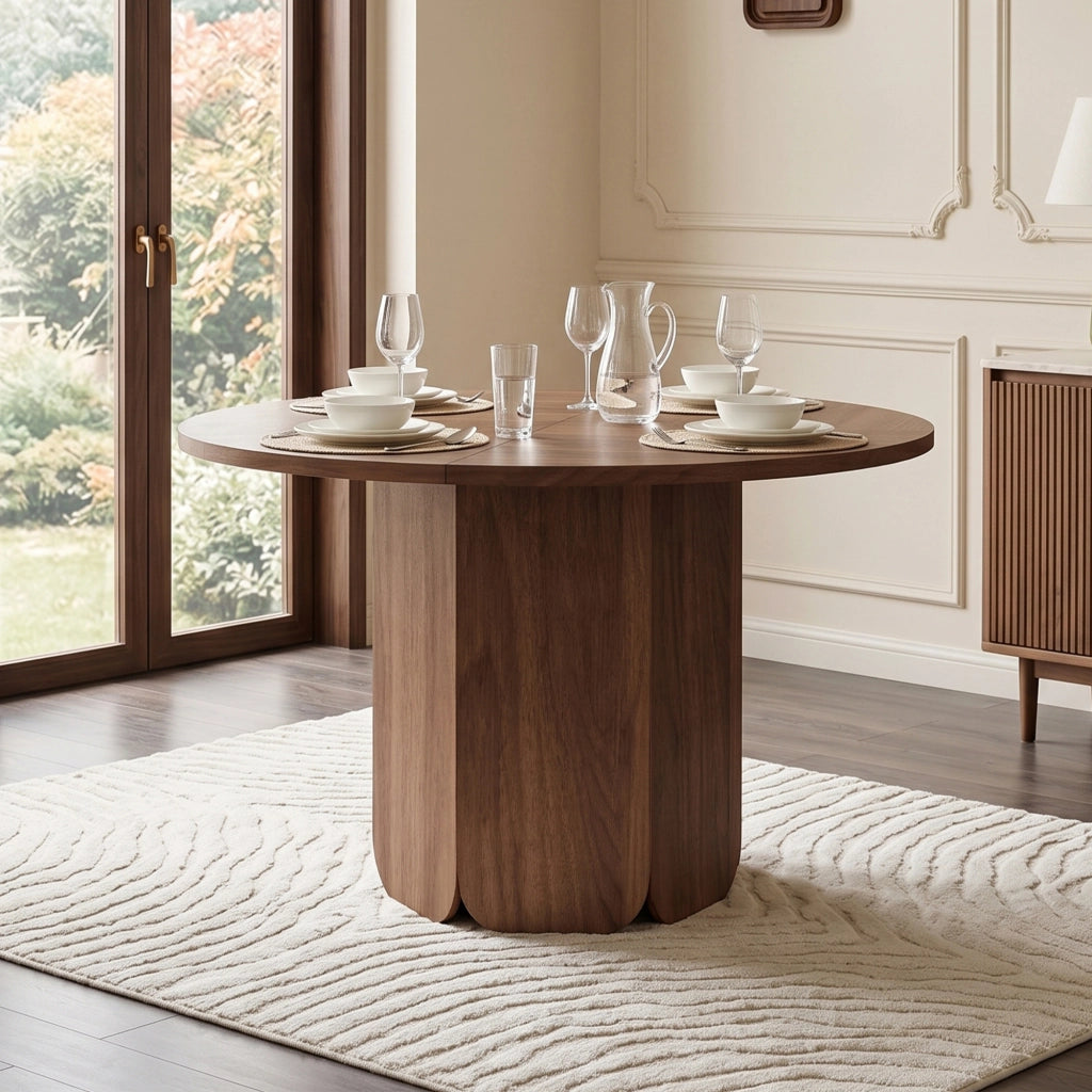 Tavolo da pranzo rotondo 120 cm, colore noce, stile scandinavo, per 4-6 persone
