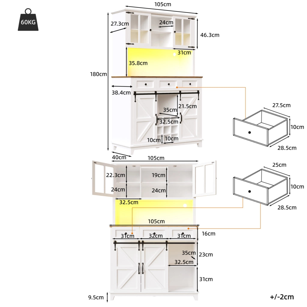Vetrina alta da cucina con LED, 105x38,4x180 cm