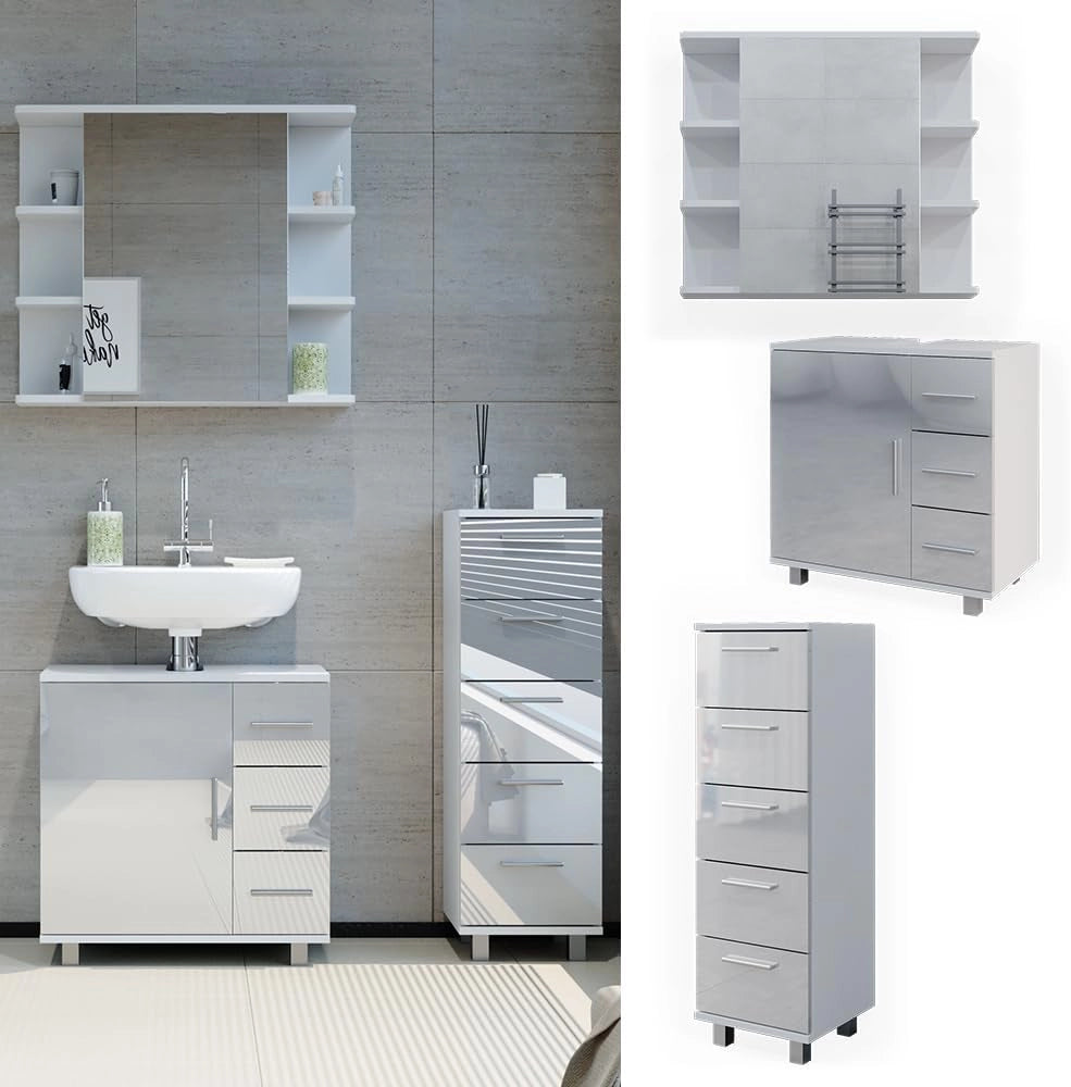 Set mobili bagno Ilias, Bianco lucido, 60 cm, composto da mobile sottolavabo, specchiera e mobile medio