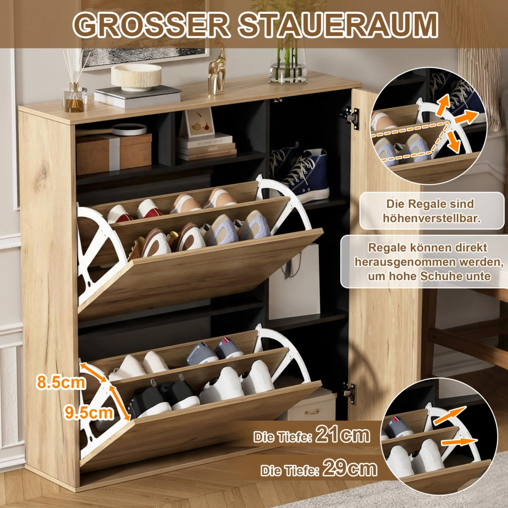 Armadio scarpiere sottile con 2 ribalte e 1 anta, ripiani regolabili, design legno e nero, 90x24x94 cm