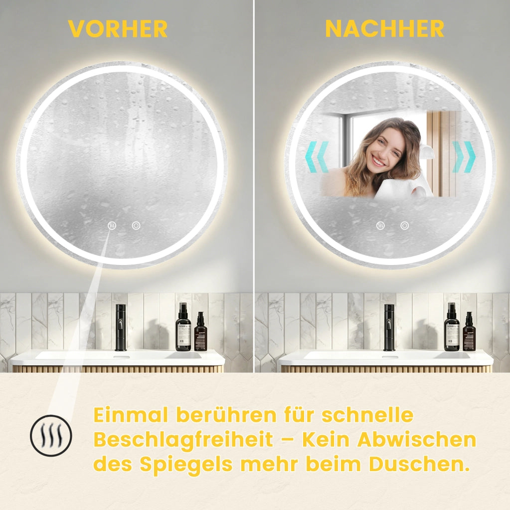Specchio da bagno rotondo LED Ø80 cm, antiappannamento, dimmerabile, 3 tonalità di luce