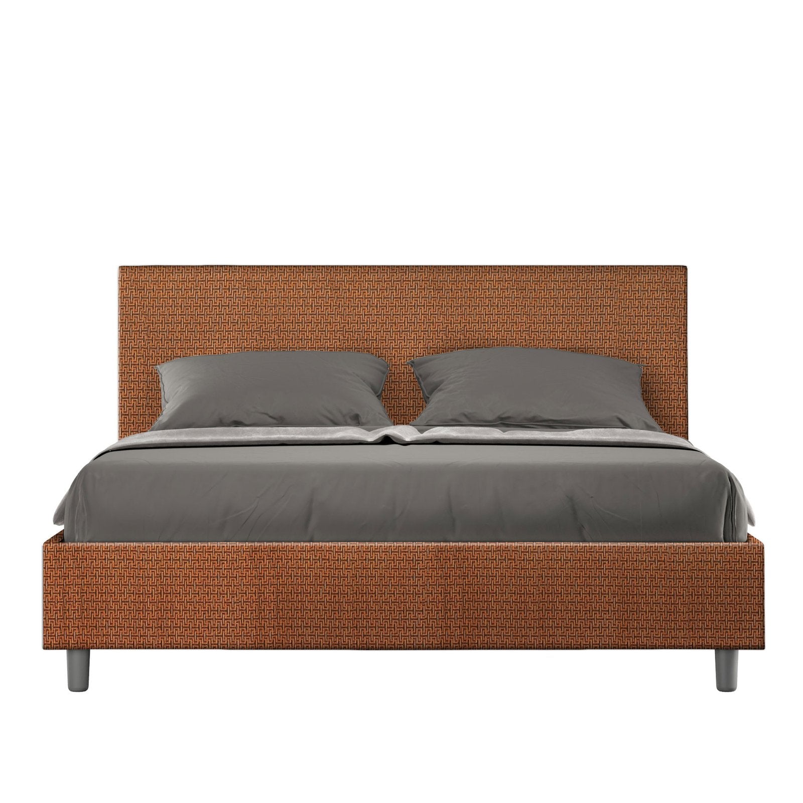 Letto Matrimoniale rivestito in Tessuto Labirinto - ADELE Dimensione Rete: 160x210, Tipologia Letto: Con Rete e Contenitore, Colore: Arancione