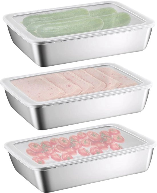 Cassetta raffreddante in acciaio inossidabile 3 pezzi, contenitore crisper per frigorifero, cassetta per alimenti con coperchio in plastica, contenitore per alimenti, cassetta per carne fresca, contenitore per formaggio, organizzatore per frigorifero