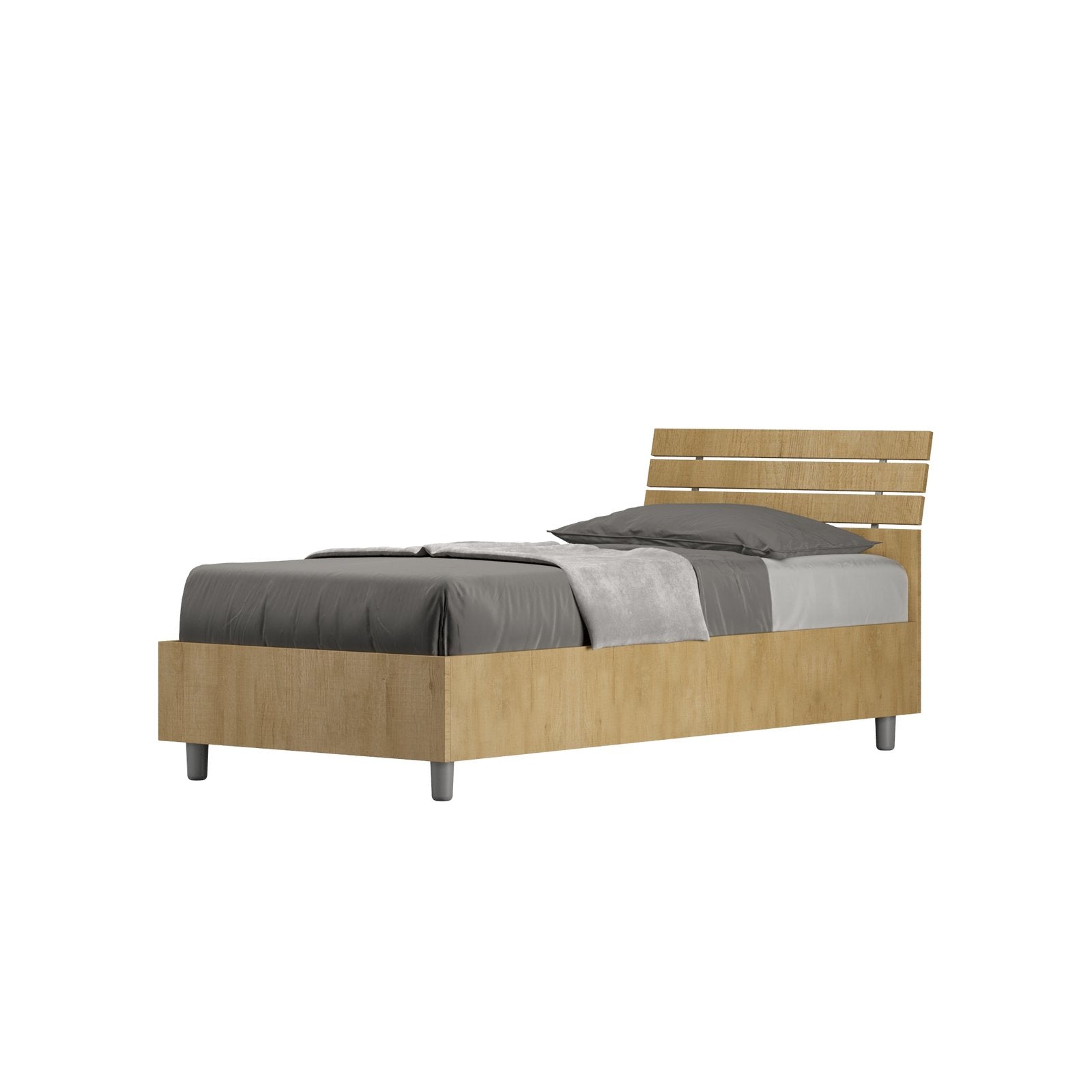 Letto Singolo - ANKEL Dimensione Rete: 80x200, Colore: Quercia Natura, Tipologia Testata: Testata Inclinata, Tipologia Letto: Con Rete e Contenitore
