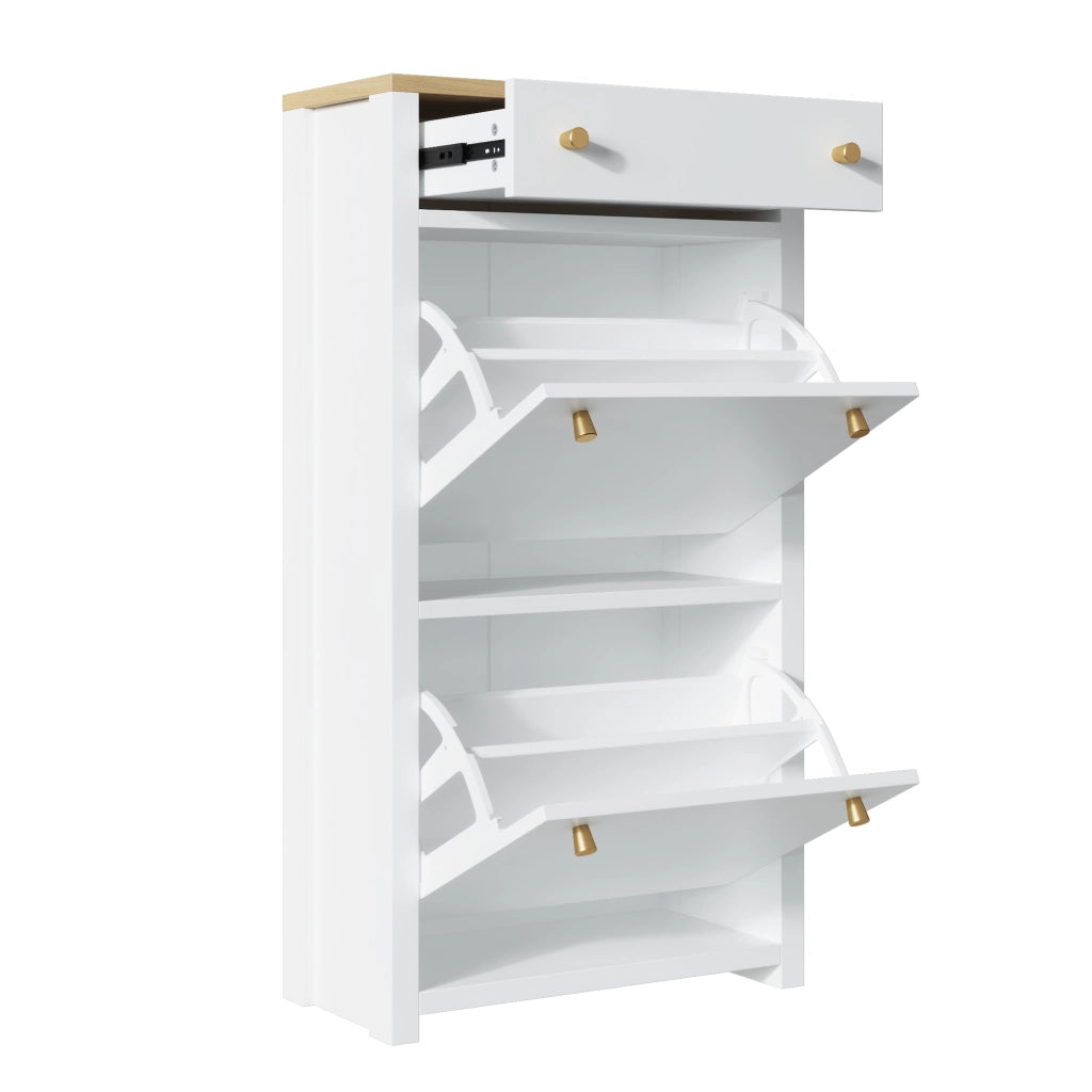 Scarpiera slim a ribalta con cassetto, 2 ante e ripiani regolabili, MDF bianco effetto legno, 50 x 25 x 95 cm