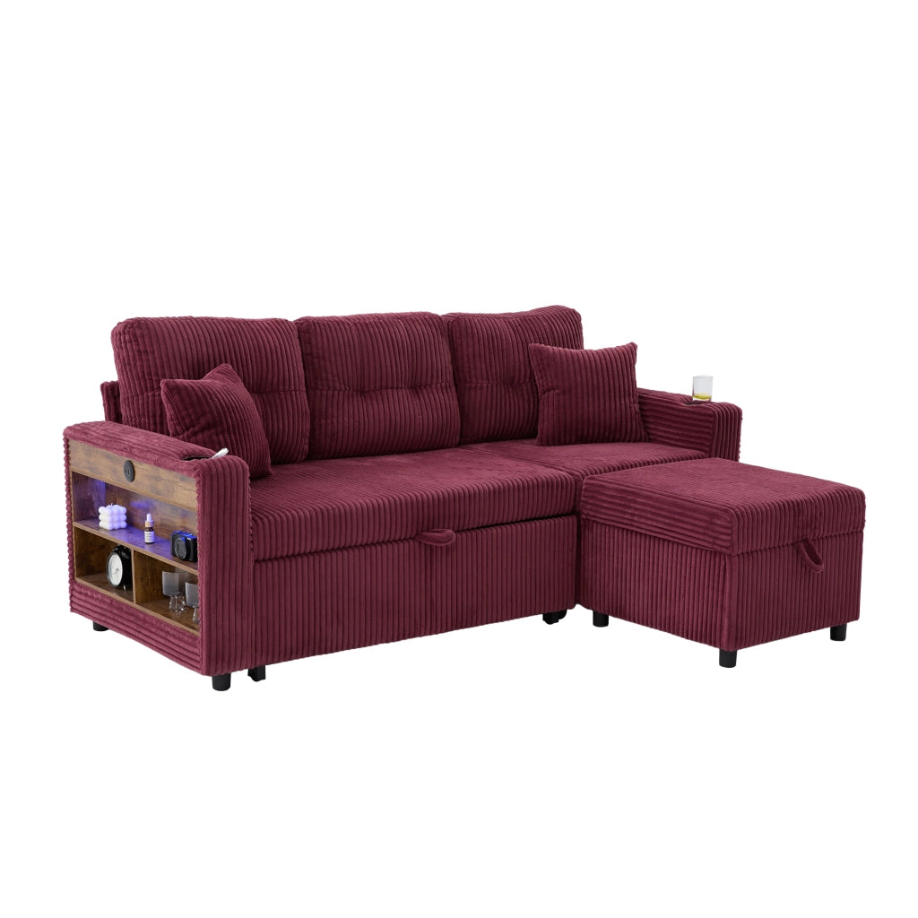 divano letto con contenitore; USB-C; LED e portabicchieri; in velluto a coste; rosso vino 196 Ã— 82-144 Ã— 85 cm
