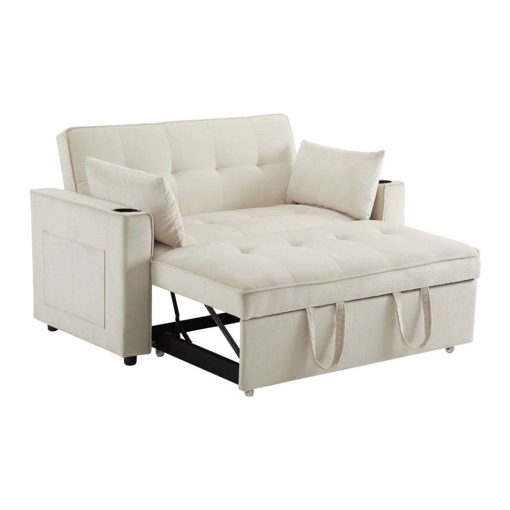 Divano Letto 2 Posti con Schienale Regolabile 3 Posizioni; Portabicchieri; Tasche e 2 Cuscini in Velluto Beige
