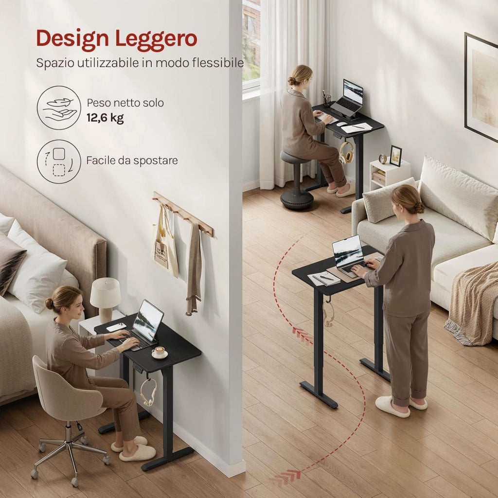 Scrivania Elettrica Regolabile in Altezza 72-118 cm, con 3 Memorie e 2 Ganci – Nero, Silenziosa, Capacità di Carico 80 kg – per Ufficio, Casa, Gaming e Studio, 80x48 cm