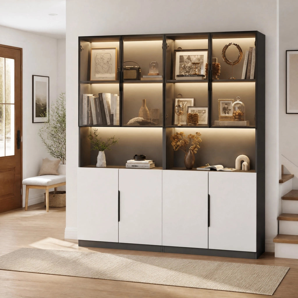 Vetrina moderna in bianco e nero con ante in vetro, LED regolabile, 160x30x200 cm