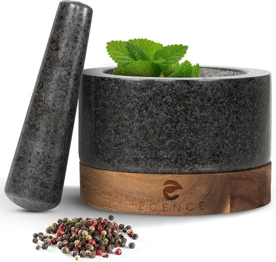 Vijzel con set di pestelli in granito e legno, diametro 15,5 cm, vijzel da cucina, vijzel per erbe, massa per risultato di macinazione perfetto, vijzel grande a pietra, vijzel e pestello, granito e acacia.