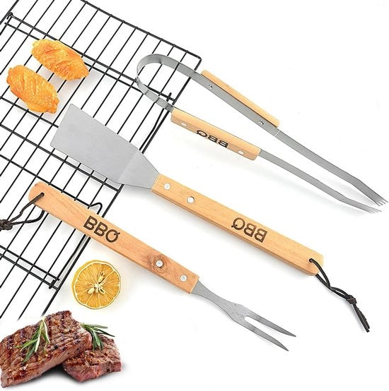 Set di accessori barbecue con pinza per griglia - maniglie in legno - per raduni familiari