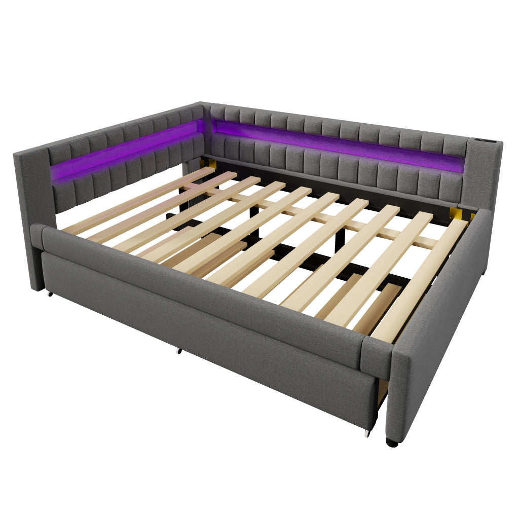 Letto estraibile matrimoniale 140×200 cm con LED; USB e Type-C; senza materasso; lino; grigio