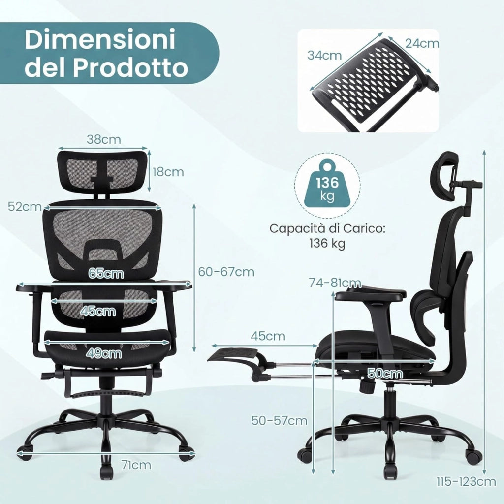 Sedia da Ufficio Ergonomica, con Poggiapiedi e Poggiatesta | Poltrona Scrivania con Schienale e Supporto Lombare, Braccioli 3D, Portata 136 kg