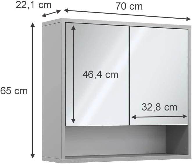 Specchio contenitore bagno Eliza, Grigio, 70 x 65 cm con 2 porte, adatto per montaggio a parete e combinabile con la serie Eliza