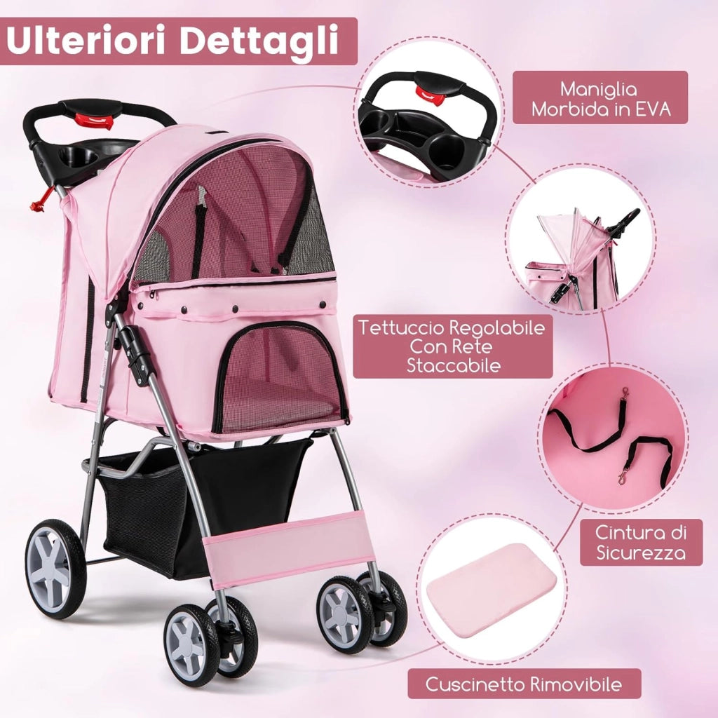Passeggino per Cani, Carrozzina per Cani Pieghevole Fino a 15 kg, 4 Ruote con Finestra a Rete Porta Bicchiere e Cesto, Passeggino Portatile per Animali Piccola e Media (Rosa)