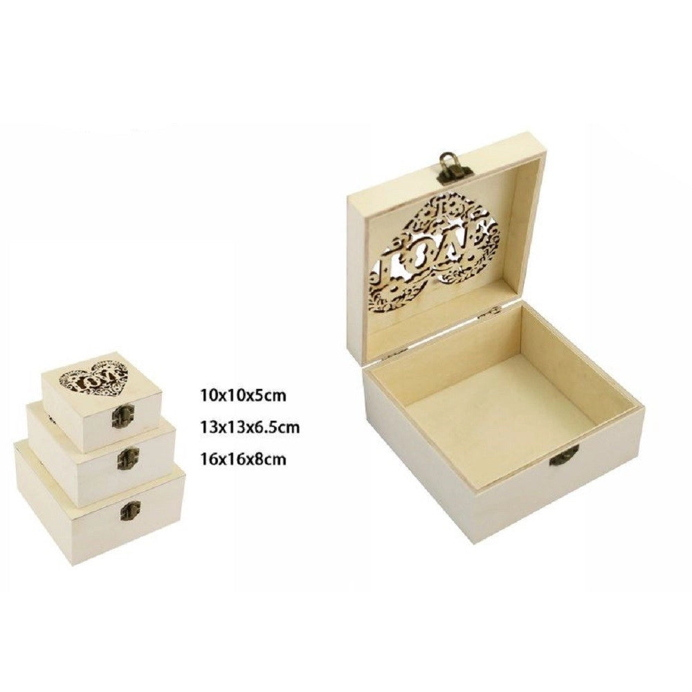 Trade Shop - Set 3 Pz Scatole Legno Decoupage Portagioie Cuore Love Scatola Cofanetto 74012a -