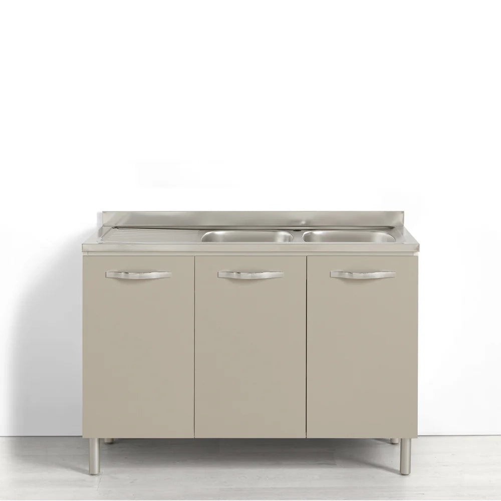 Sotto lavello per cucina componibile da 120 cm con 3 ante linea MAKA, realizzata in legno 100% MADE IN ITALY colore Tortora, con Lavello Vasche a Destra