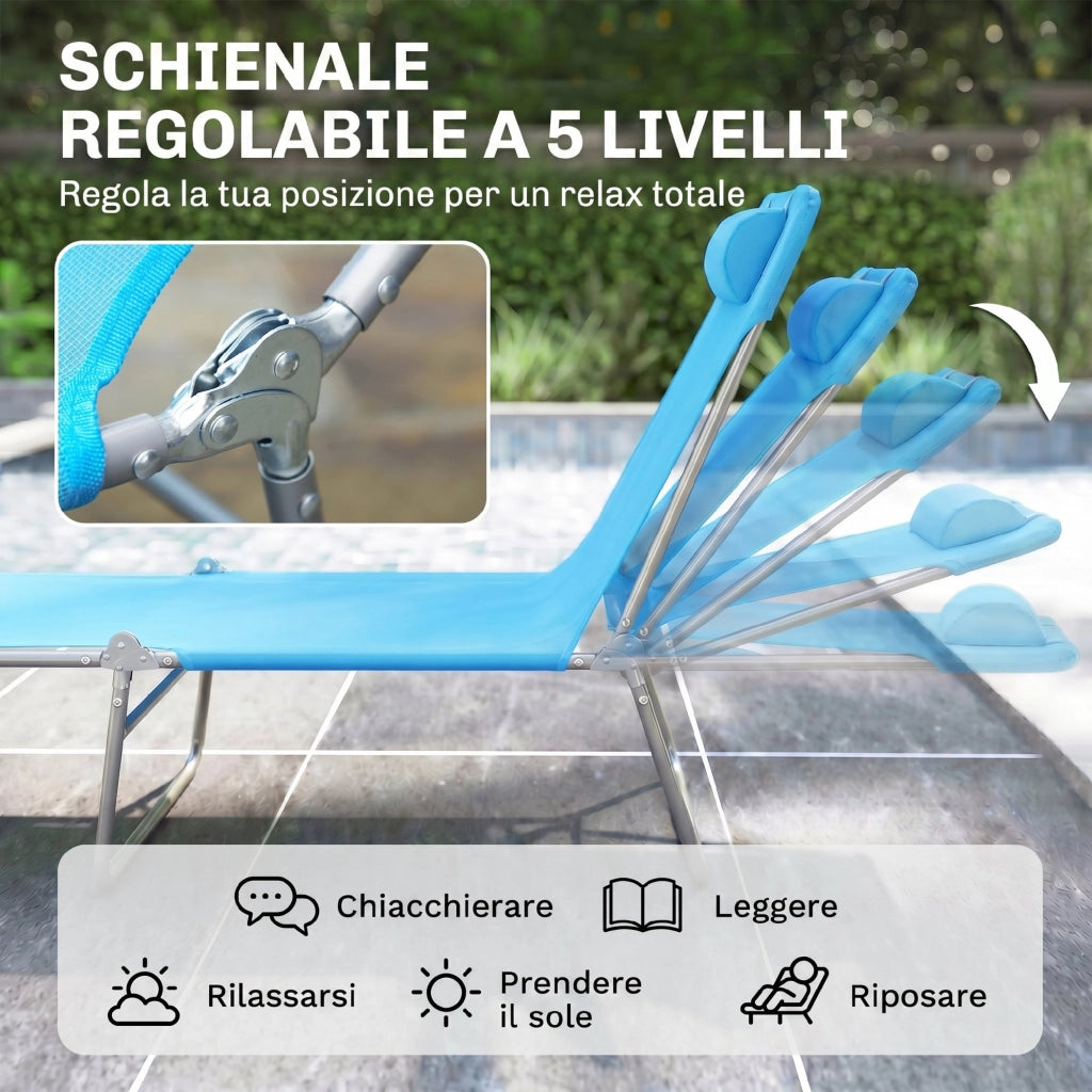 Lettino Prendisole Pieghevole con Schienale Reclinabile e Cuscino, 182x56x24.5cm