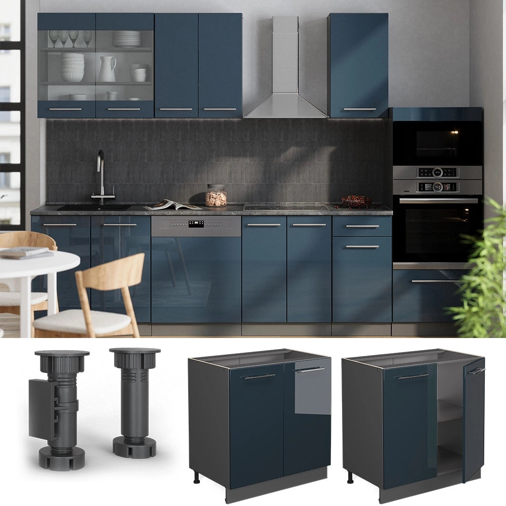 Mobile lavello cucina Fame-Line Blu scuro lucido/Antracite 80 cm con ripiano, PL Rovere Vicco