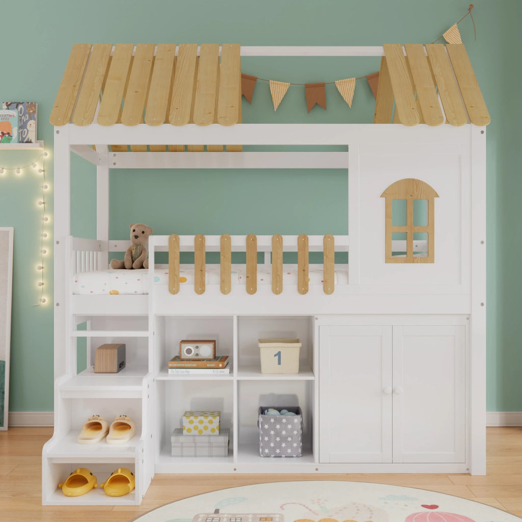 Letto a Soppalco 90x200 cm; Armadio; Scaffale Aperto e Finestra - Bianco e Naturale