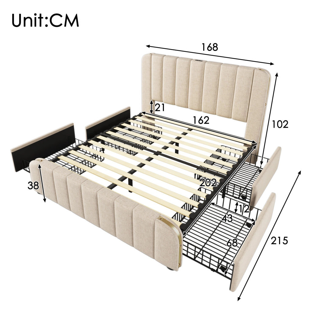 Letto matrimoniale 160x200 cm con 4 cassetti e USB C; lino beige