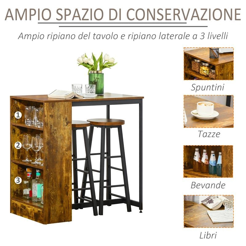 SET DA PRANZO CON BANCONE BAR CON 3 RIPIANI E 2 SGABELLI ALTI CON POGGIAPIEDI STILE INDUSTRIALE, MARRONE