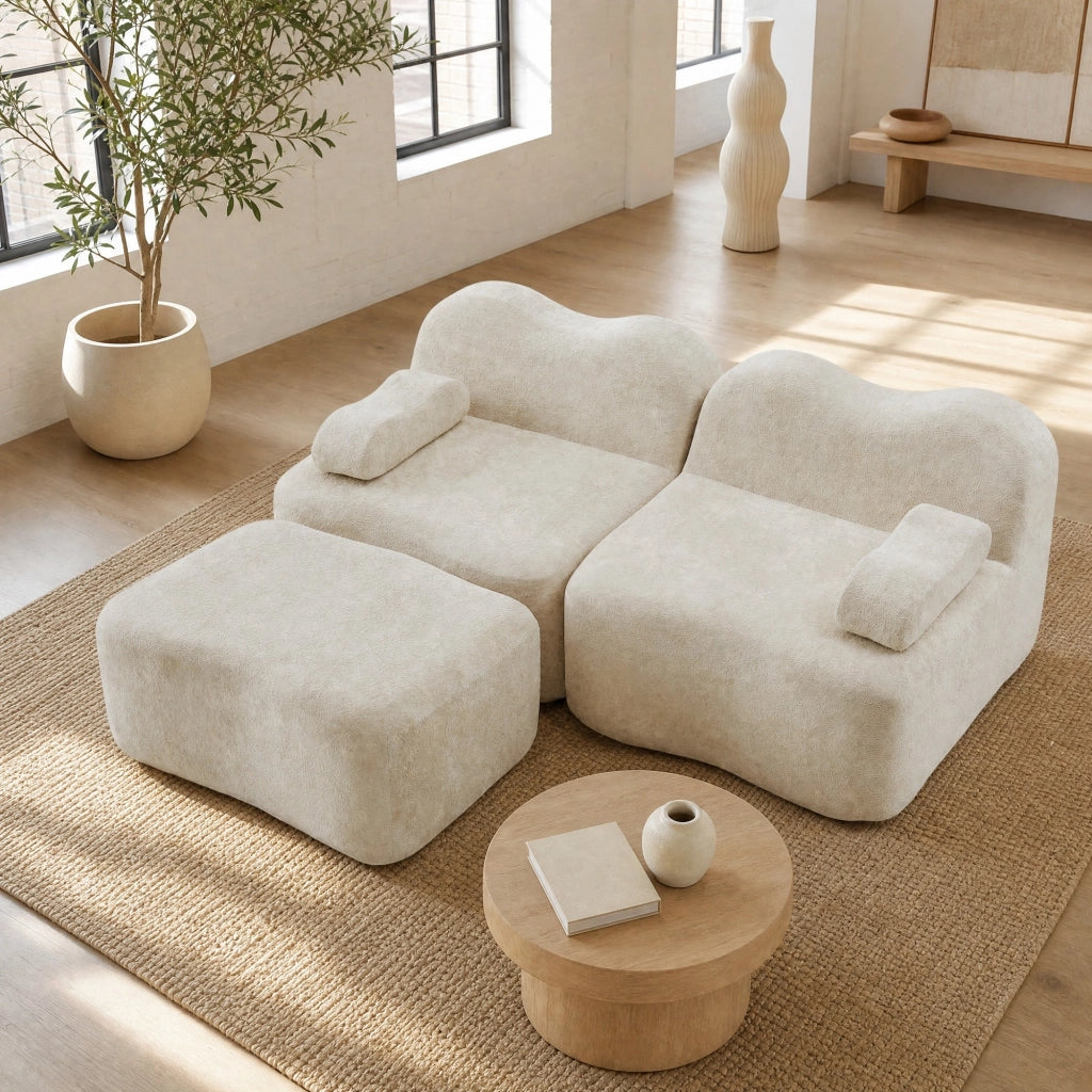 Divano angolare modulare 2 posti con pouf in velluto beige HOMVRA