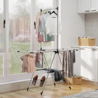 Stendibiancheria Verticale Pieghevole con Ali Regolabili 4 Supporti per Scarpe Barra e Ripiano 139x62,5x201 cm Argento