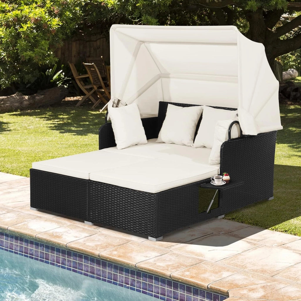Isola Prendisole in Rattan per 2, Portato fino a 360 kg, Lettino Prendisole con Tettuccio Parasole Pieghevole, Cuscino e Pannelli Laterali, 165 x 153 x 70 cm
