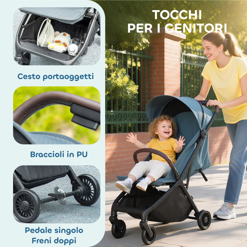 Passeggino per Bambini con Tettuccio Regolabile e Sacca Portaoggetti. 87x50x103 cm. Blu e Nero