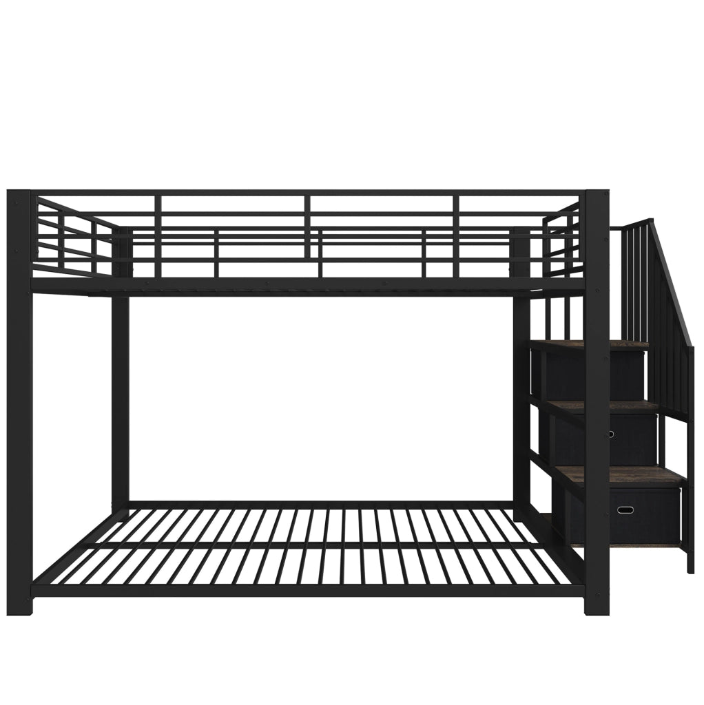 Letto a castello 140x200 cm in metallo e MDF nero con scala contenitore; LED e prese USB
