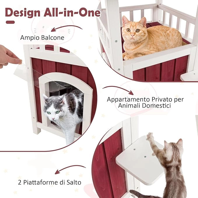 Casetta per Gatti in Legno, Casetta per Gattii a 2 Livelli con Tetto in Asfalto, 2 Piattaforme per Saltare, per Esterno e Interno, 58 x 50 x 87 cm