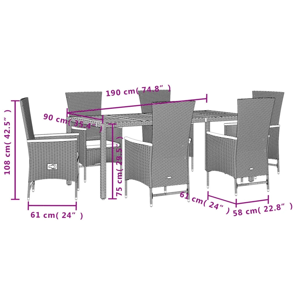 Set da Pranzo da Giardino 7 pz Nero con Cuscini in Polyrattan 3277515