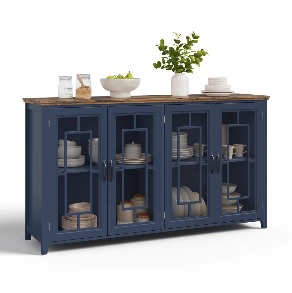 Credenza cucina 160x40x86 cm con ante in vetro; ampia capacità; MDF blu