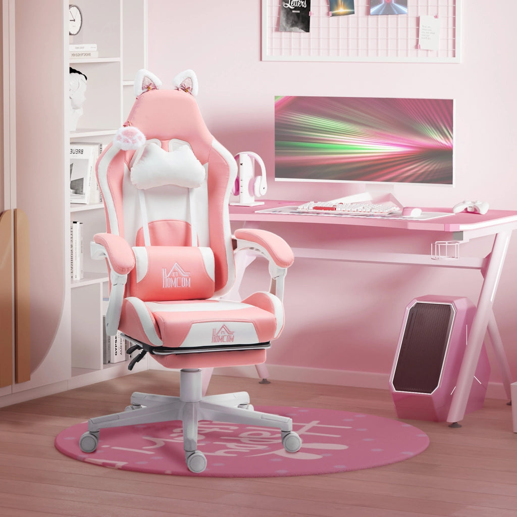 Sedia da ufficio gaming con supporto lombare, poggiapiedi, orecchie e zampe di gatto, in similpelle rosa
