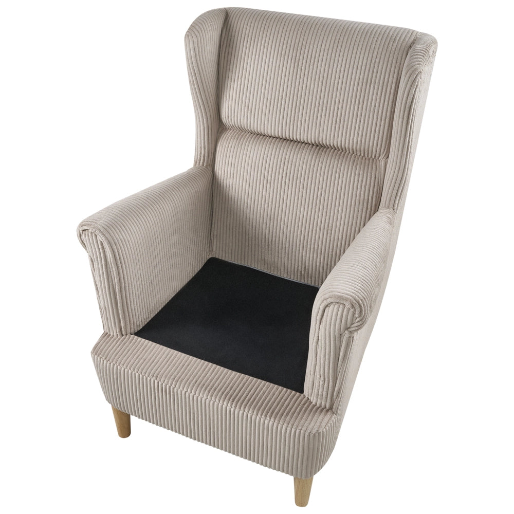 Poltrona Wingback Rivestimento in velluto a coste beige Schienale alto Gambe in legno Soggiorno tradizionale retrò