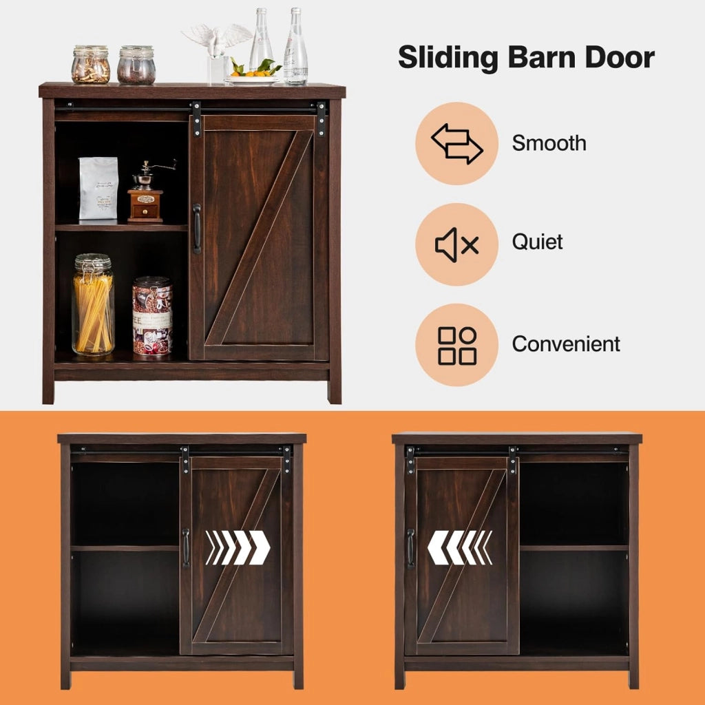 Mobile Laterale Divano con Piano Superiore Ampio e 4 Scomparti, Porta Scorrevole, 4 Piedini Antiscivolo, Credenza Elegante per Cucina, Ingresso, Camera da Letto, Marrone