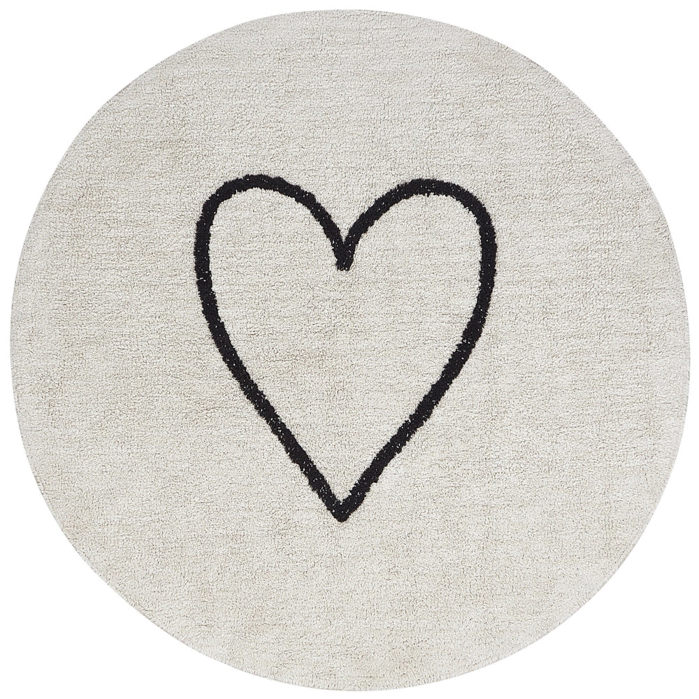 Tappeto beige e nero in cotone ø 140 cm rotondo con motivo a cuore in stile bohémien Soggiorno Bambini Camera dei bambini