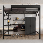Letto a castello con scrivania e armadio 140x200 cm realizzato in MDF nero e metallo