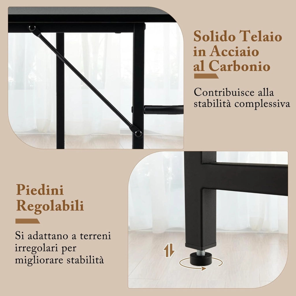 Scrivania Angolare 138 CM, Scrivania ad Angolo con 2 Prese, 2 Porte USB, Telaio in Acciaio al Carbonio e Ripiano a 2 Livelli Rimovibile, Scrivania Salvaspazio da Ufficio e Casa (Nero)