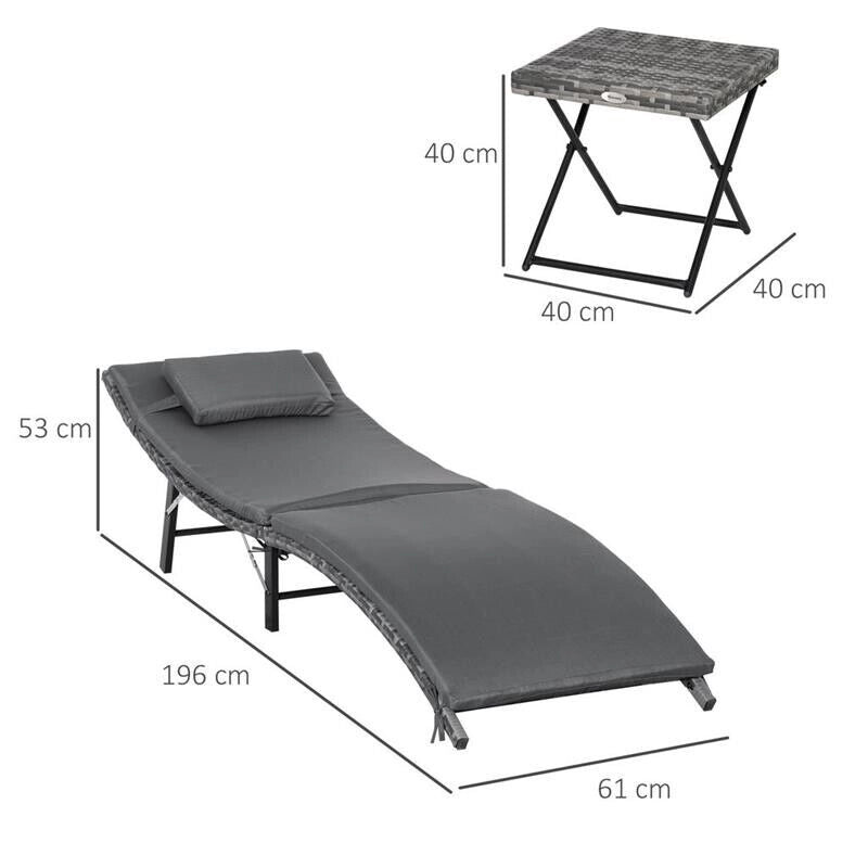 LETTINI PRENDISOLE RICHIUDIBILI CON CUSCINI RIMOVIBILI E TAVOLINO PIEGHEVOLE, SET 3 PZ IN RATTAN, GRIGIO