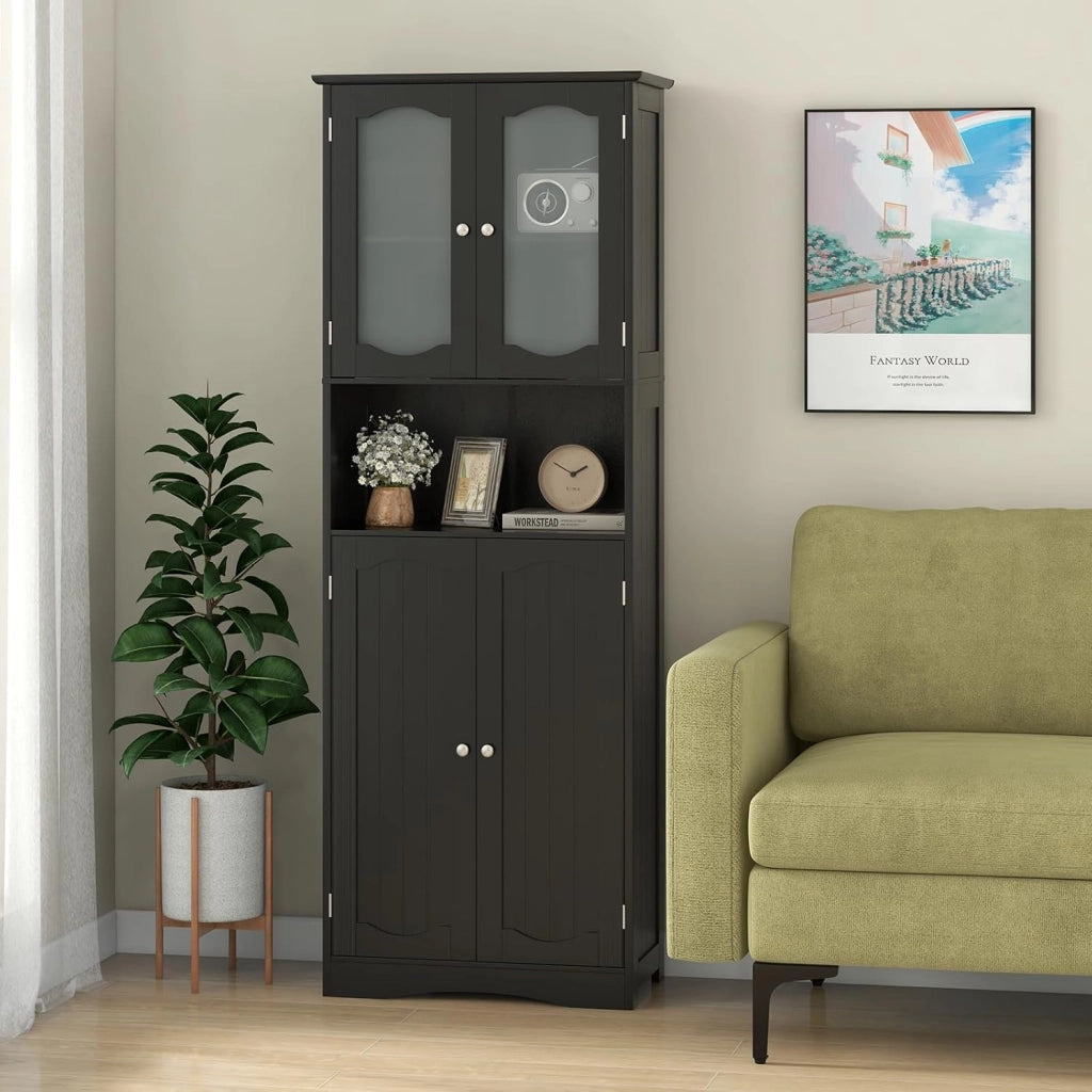 Armadietto Salvaspazio 60 x 30 x 164cm, Mobile Bagno con Scomparti Aperti, Ripiani Regolabili e 2 Porte in Vetro Temprato, Armadio da Bagno per Ufficio, Soggiorno e Camera da Letto (Nero)