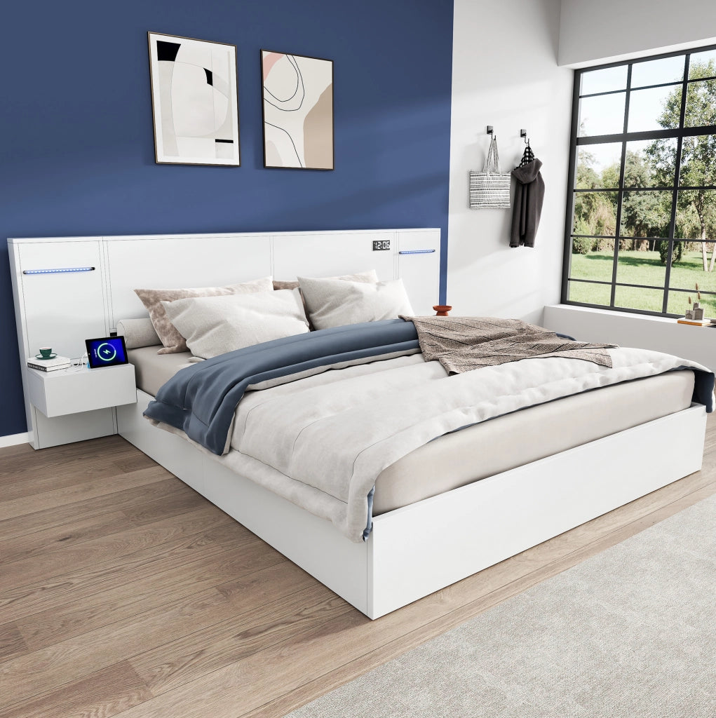 Letto matrimoniale 180x200 cm bianco con USB, Bluetooth e LED