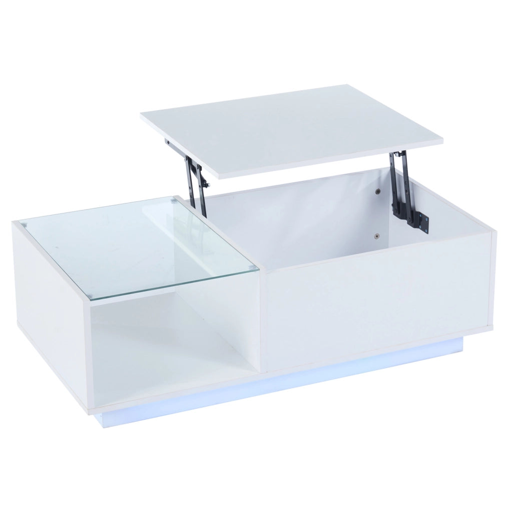 Tavolino da caff猫 100x50x33 cm; piano sollevabile con LED app; truciolato bianco