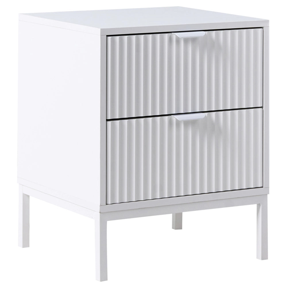 Comodino a 2 cassetti con design scanalato in legno MDF bianco