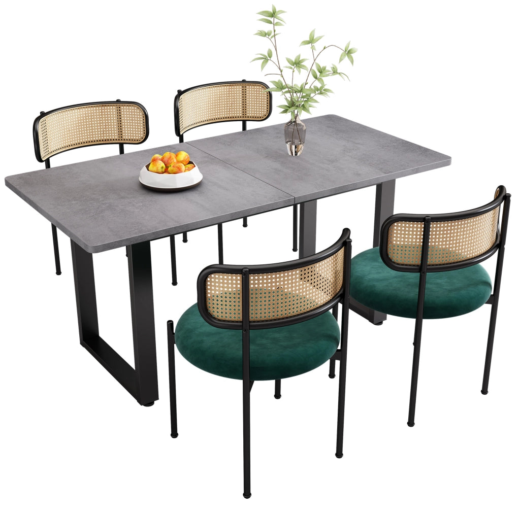 Set tavolo da pranzo e sedie con schienale in rattan; gambe in metallo; truciolato; nero e grigio